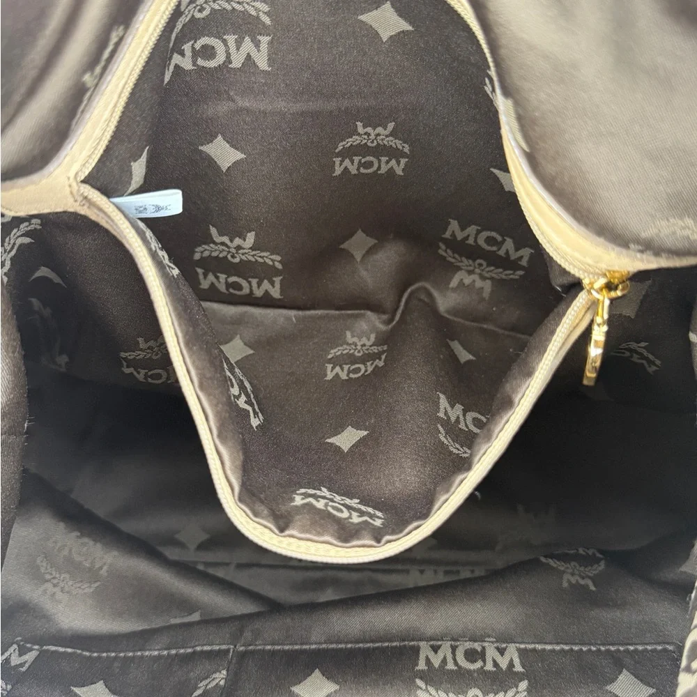 MCM Light Beige Visetos Leather Monogram Hobo Shoulder Bag | Lock & Key Included